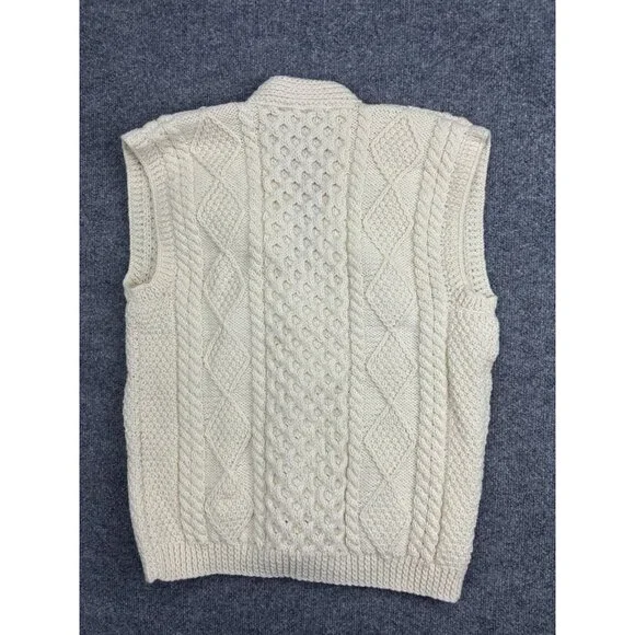 Irish Traditional Sweater Vest Mens Medium White Wool Cable Aran Knit Pockets - Picture 5 of 6